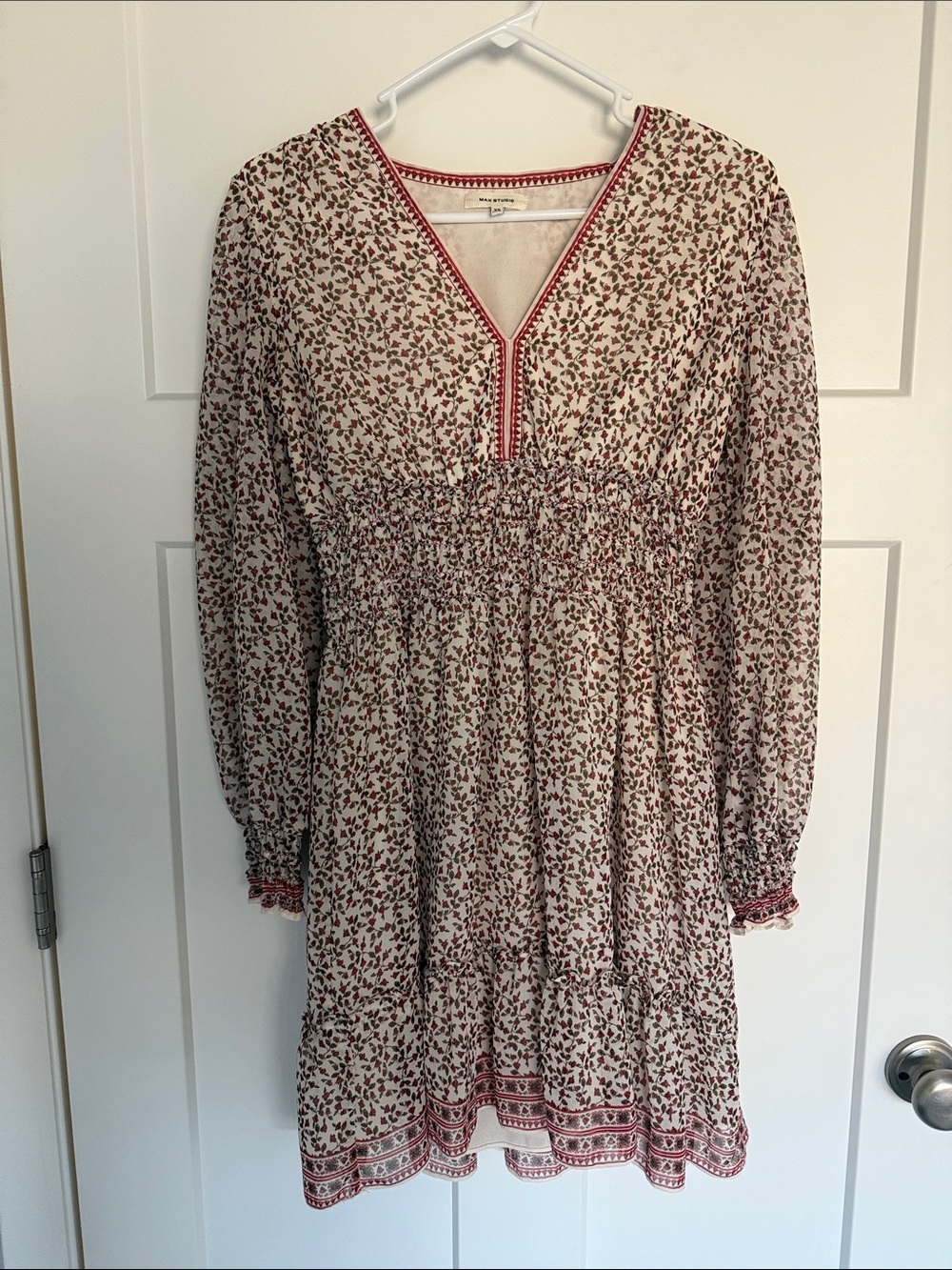 Max Studio Cream Dress with Red Floral Print and Smocked Waist